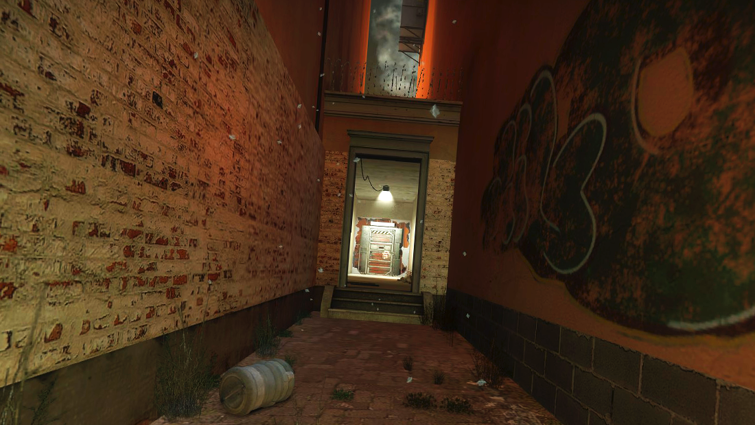 An image of the narrow alley leading to a safe room.